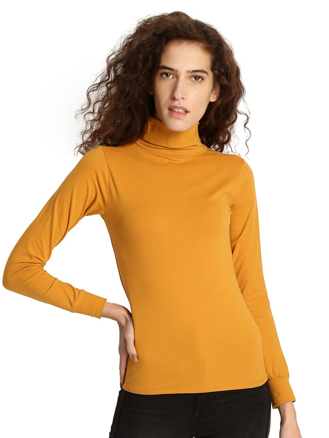 

BLUE CHIC Mustard Yellow Pure Cotton High Neck Full Sleeve Top