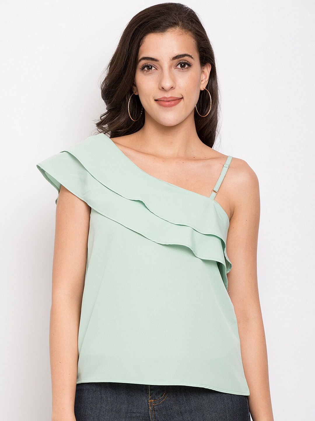 

BLUE CHIC Sea Green One Shoulder Ruffles Crepe Top