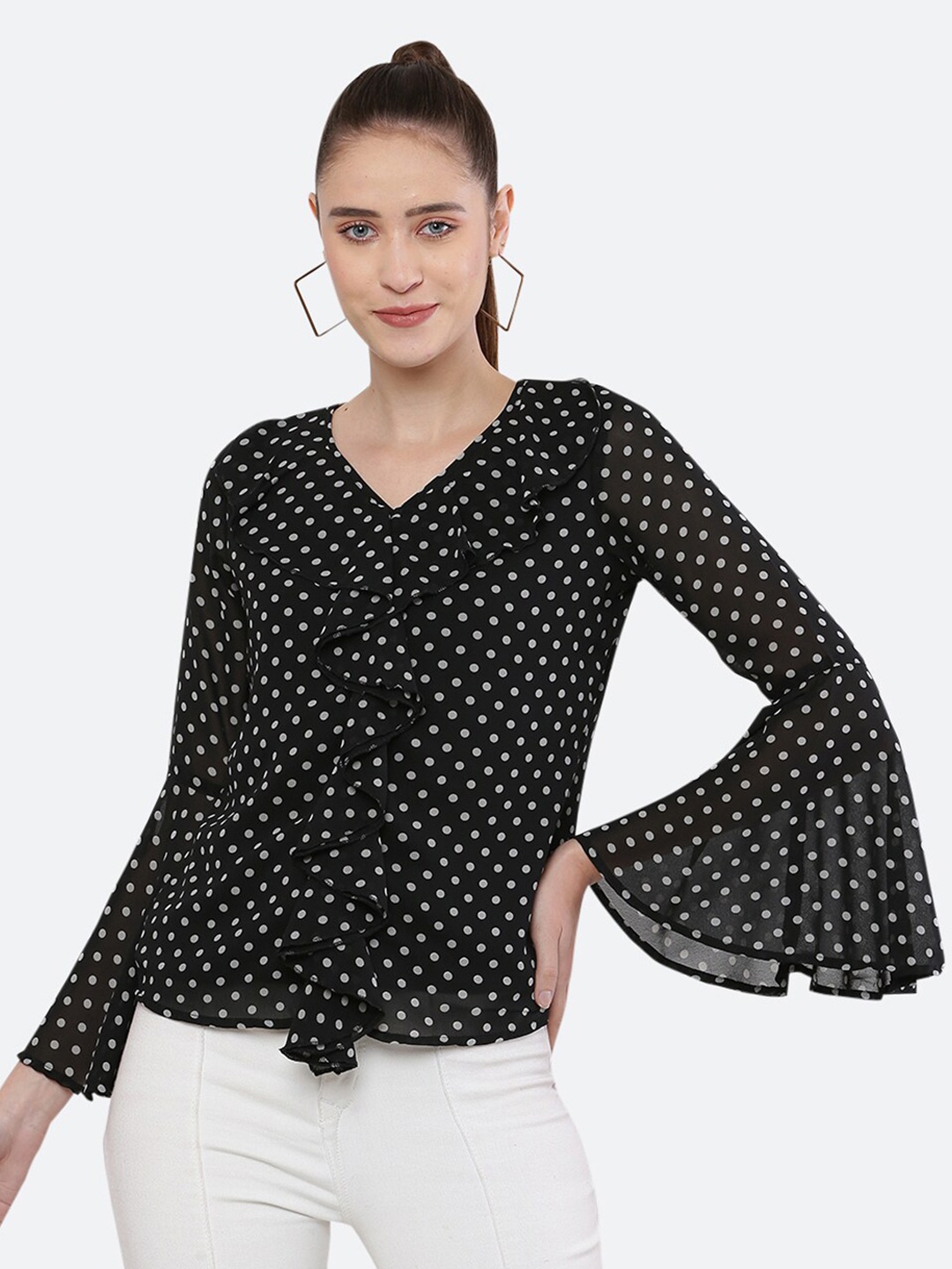 

BLUE CHIC Black Print Ruffles Georgette Top