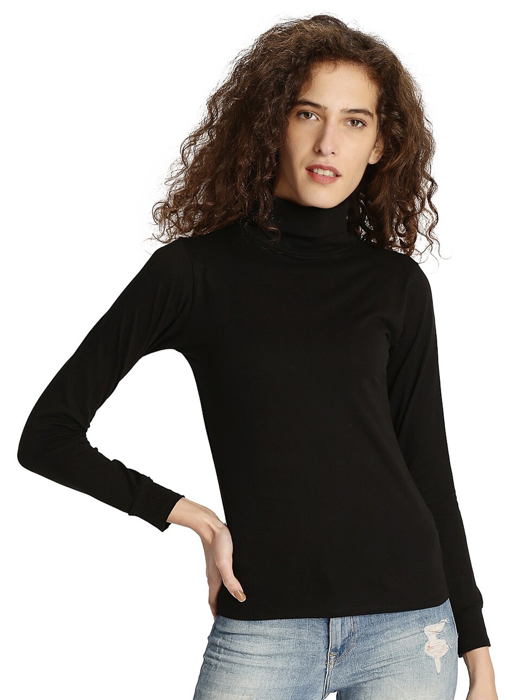 

BLUE CHIC Women Black Turtle Neck T-shirt