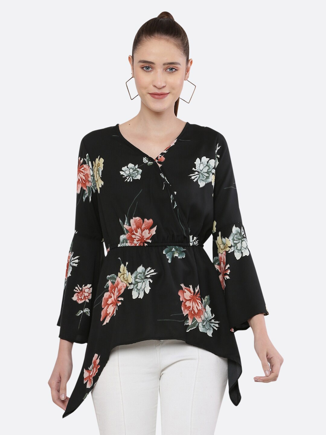 

BLUE CHIC Black Floral Print Crepe Wrap Top