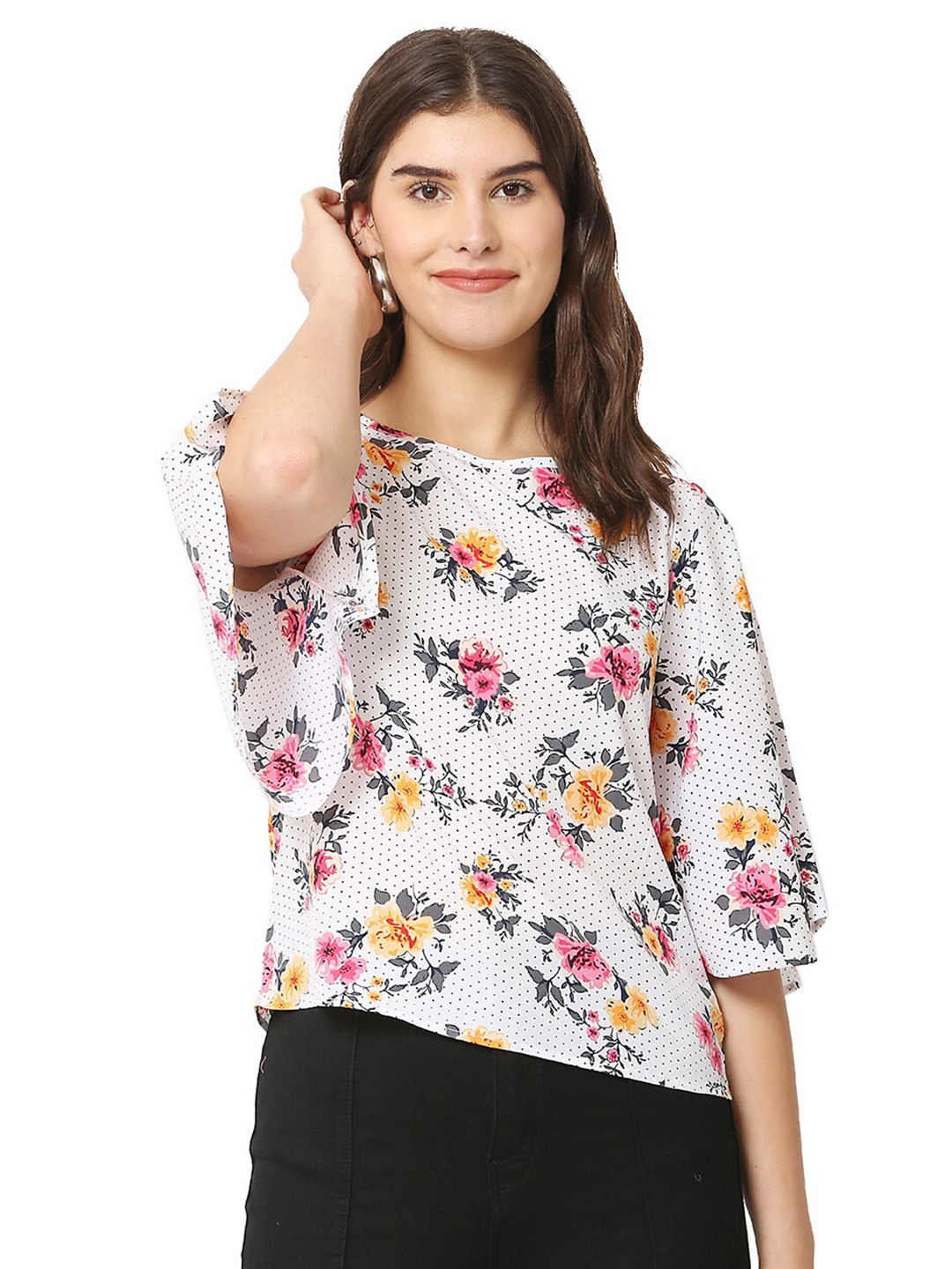 

BLUE CHIC Women White Floral Print Flared Sleeves Top