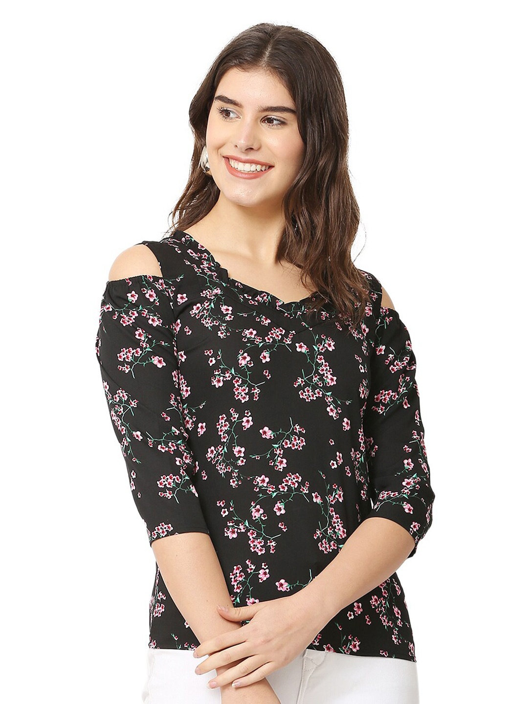 

BLUE CHIC Women Black Floral Print Cold Shoulder Crepe Top