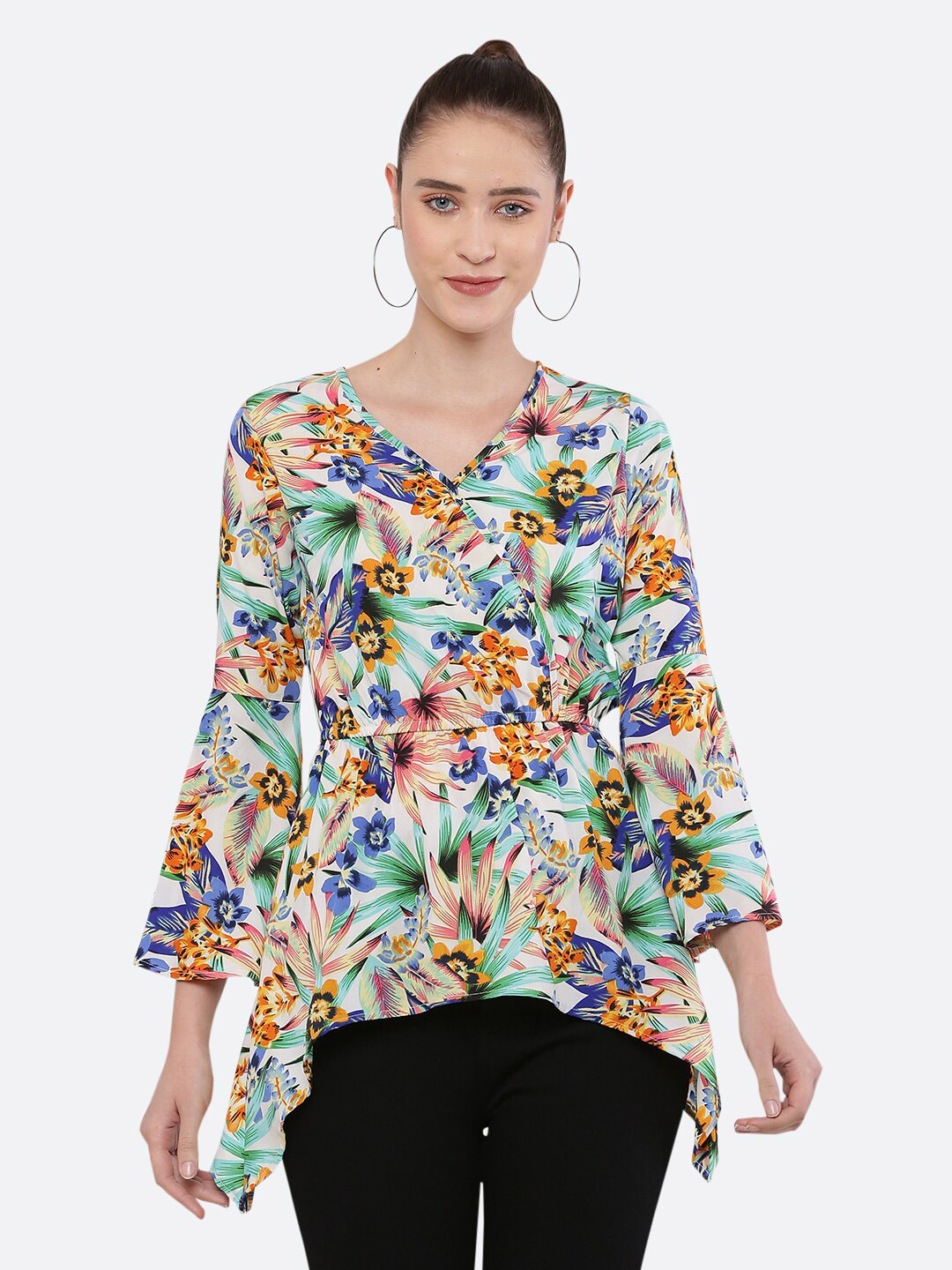 

BLUE CHIC Women White & Green Floral Print Crepe Top
