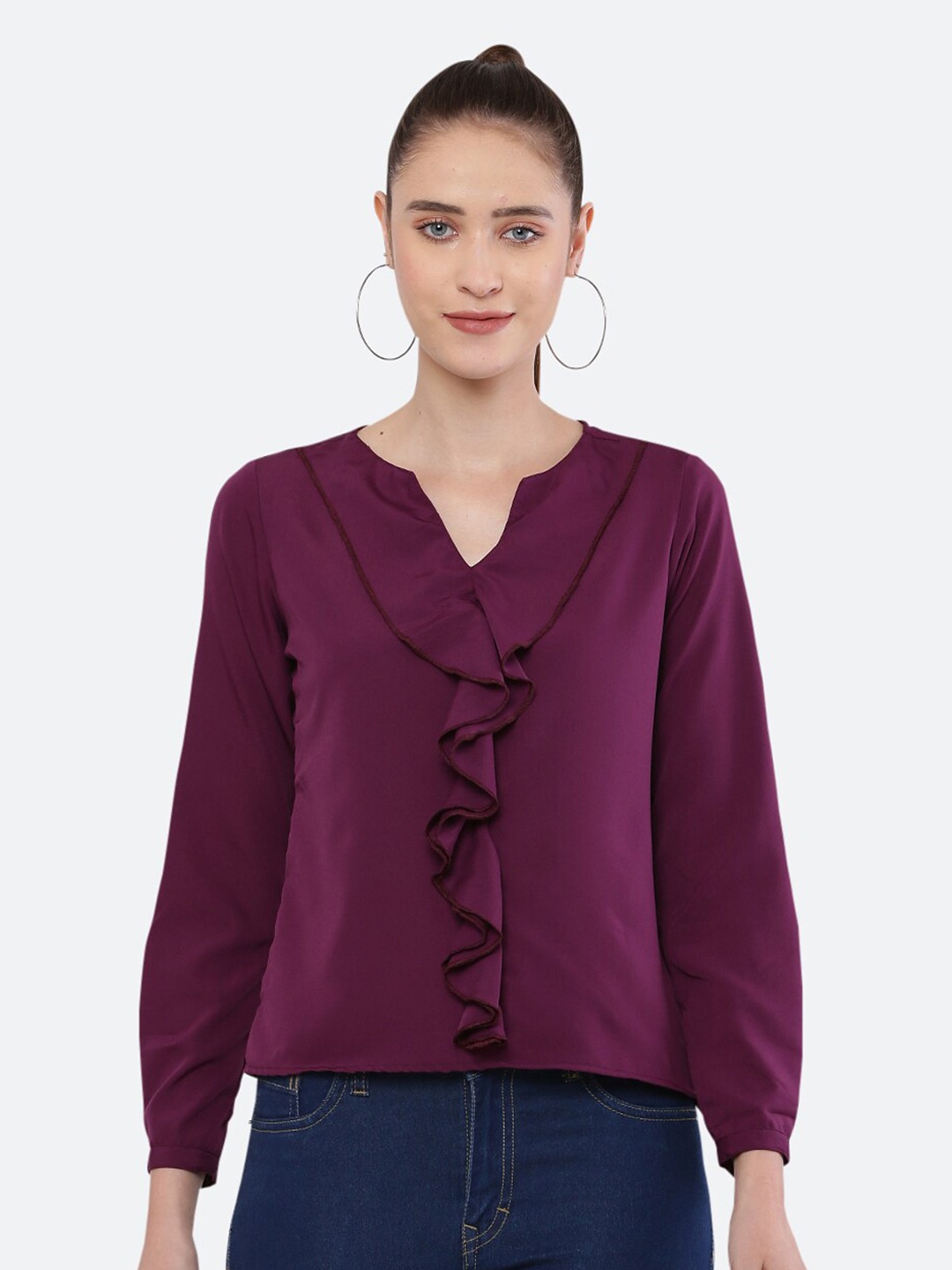 

BLUE CHIC Women Purple Ruffles Crepe Top