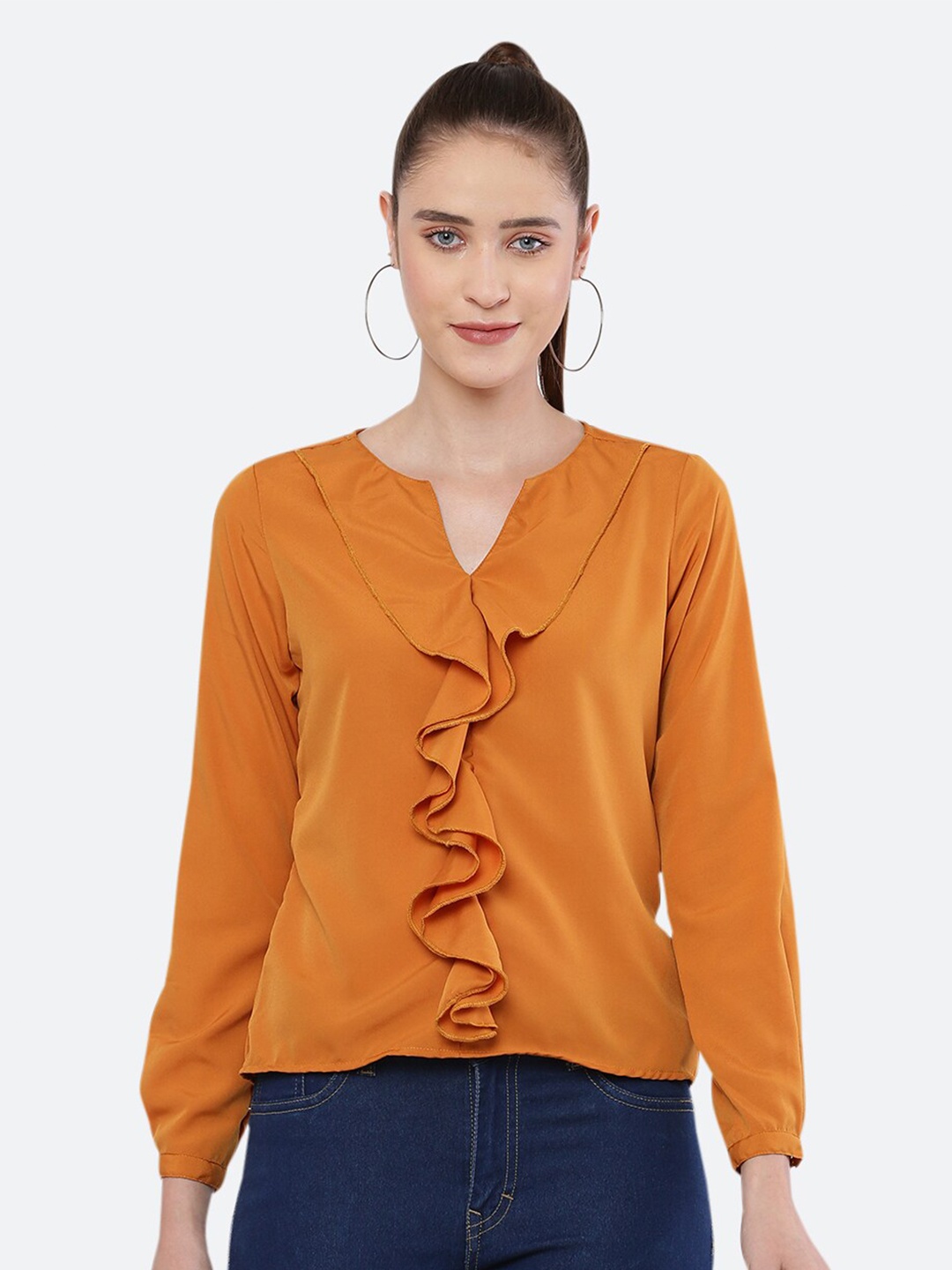 

BLUE CHIC Mustard Yellow Ruffles Crepe Top