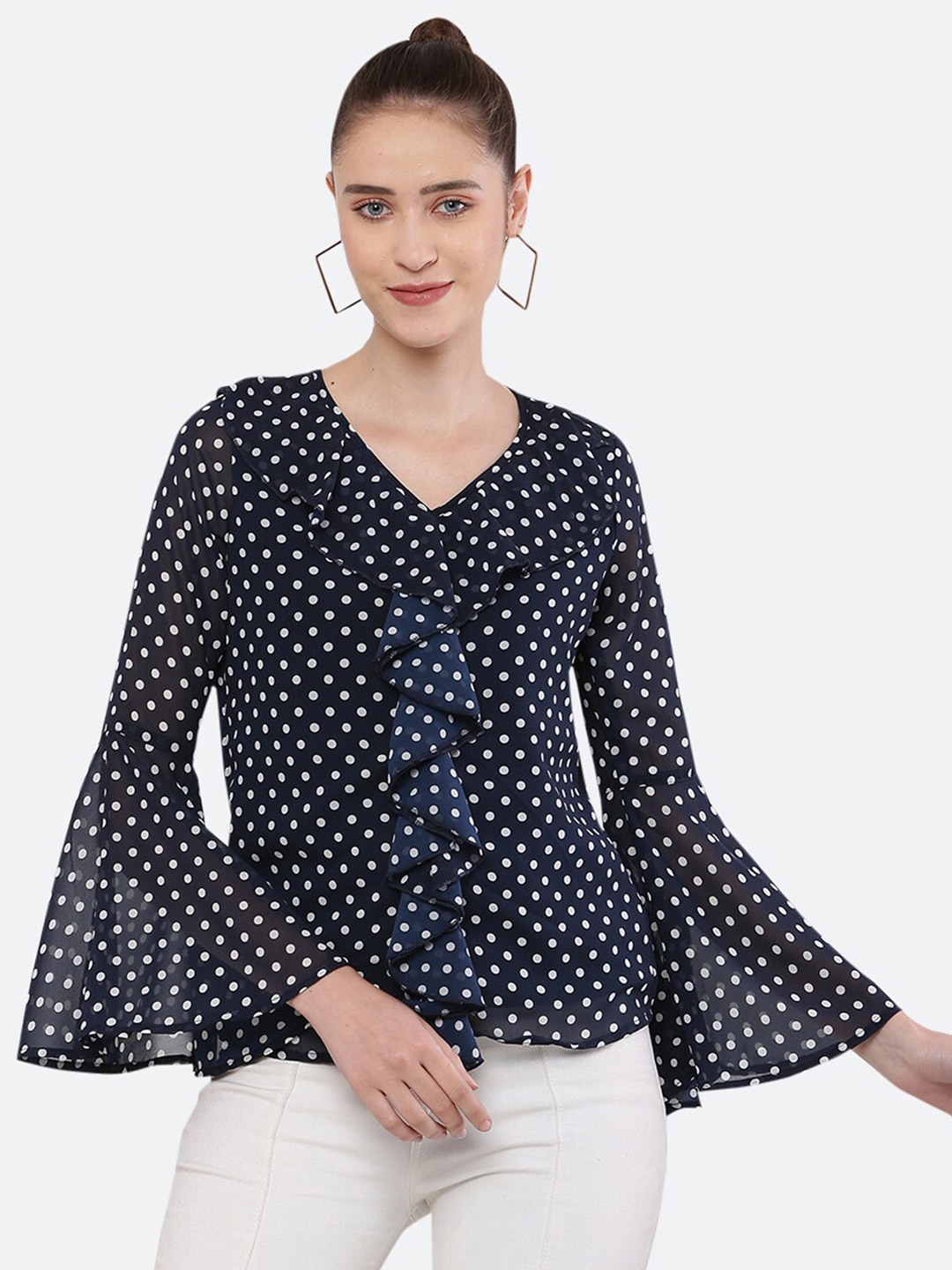 

BLUE CHIC Navy Blue & White Print Ruffles Georgette Top