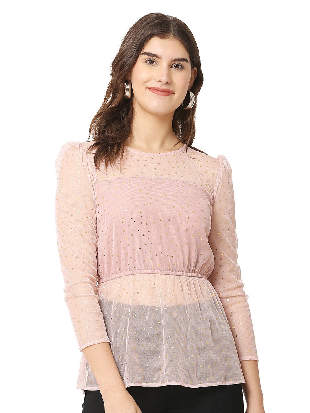 

BLUE CHIC Women Pink Net Cinched Waist Top