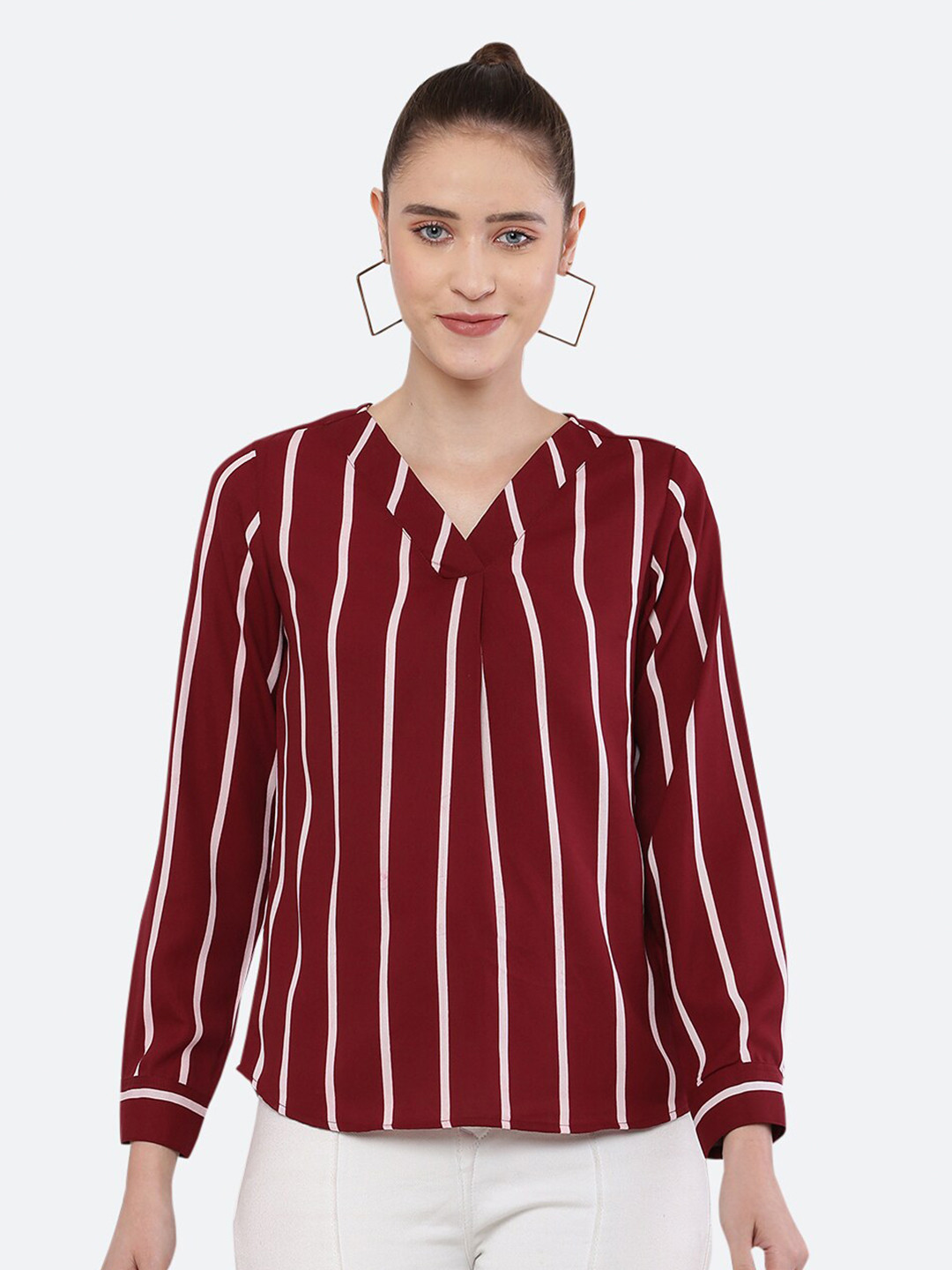 

BLUE CHIC Women Maroon Striped Crepe Top