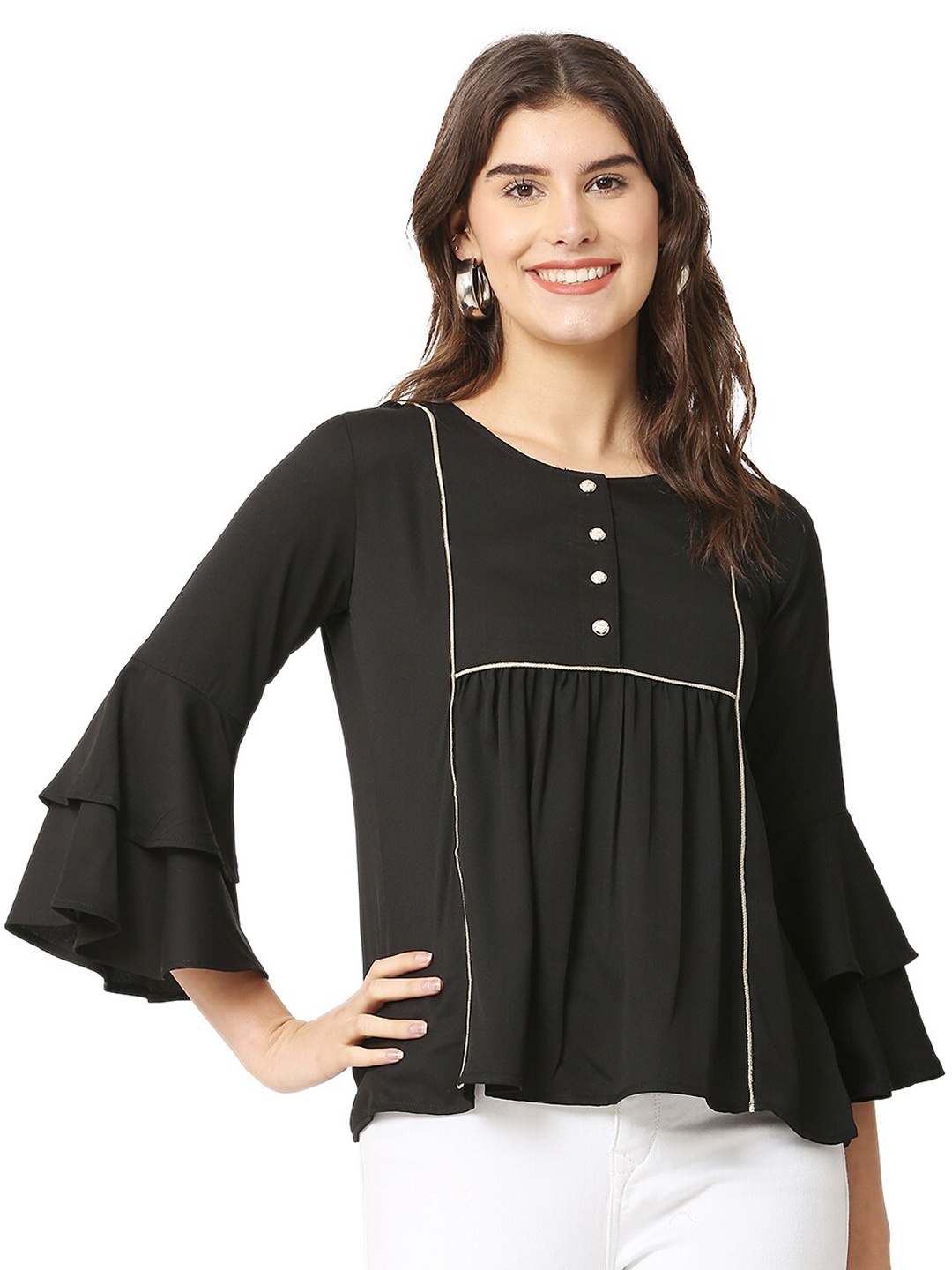 

BLUE CHIC Women Black Bell Sleeve Crepe Top