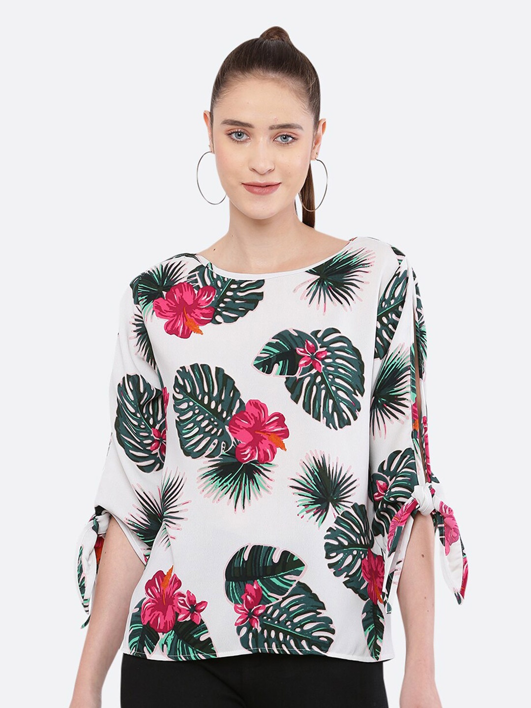 

BLUE CHIC Women White & Green Tropical Print Crepe Top