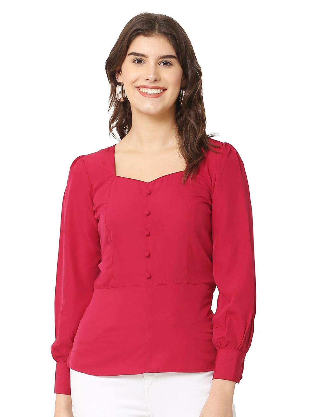 

BLUE CHIC Women Maroon Sweetheart Neck Crepe Top