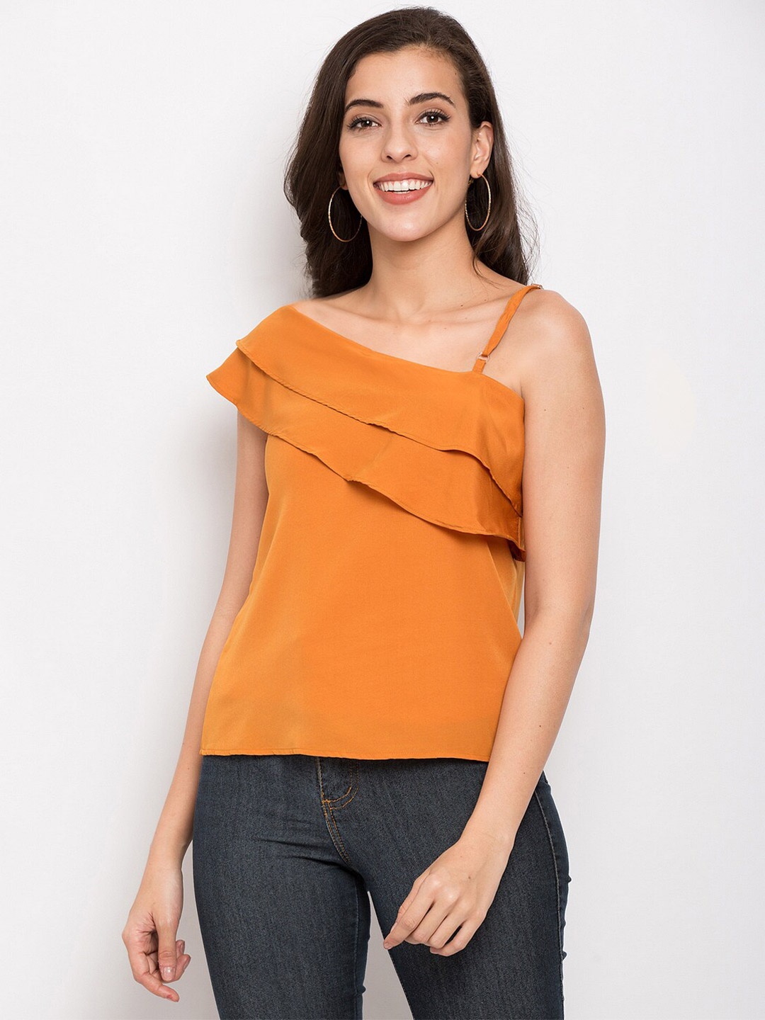 

BLUE CHIC Mustard Yellow One Shoulder Ruffles Crepe Top