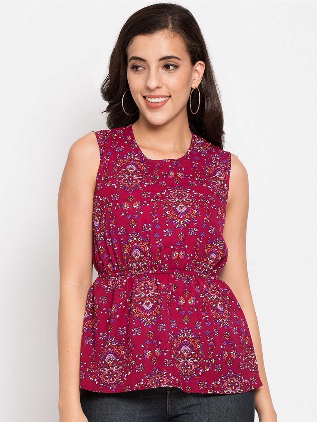 

BLUE CHIC Maroon Floral Print Crepe Cinched Waist Top