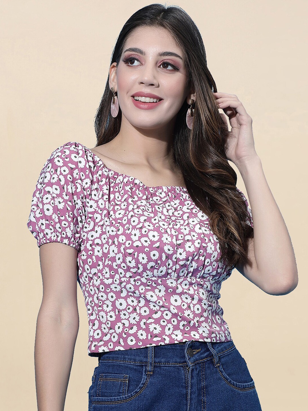 

Selvia Women Pink Floral Print Crepe Top
