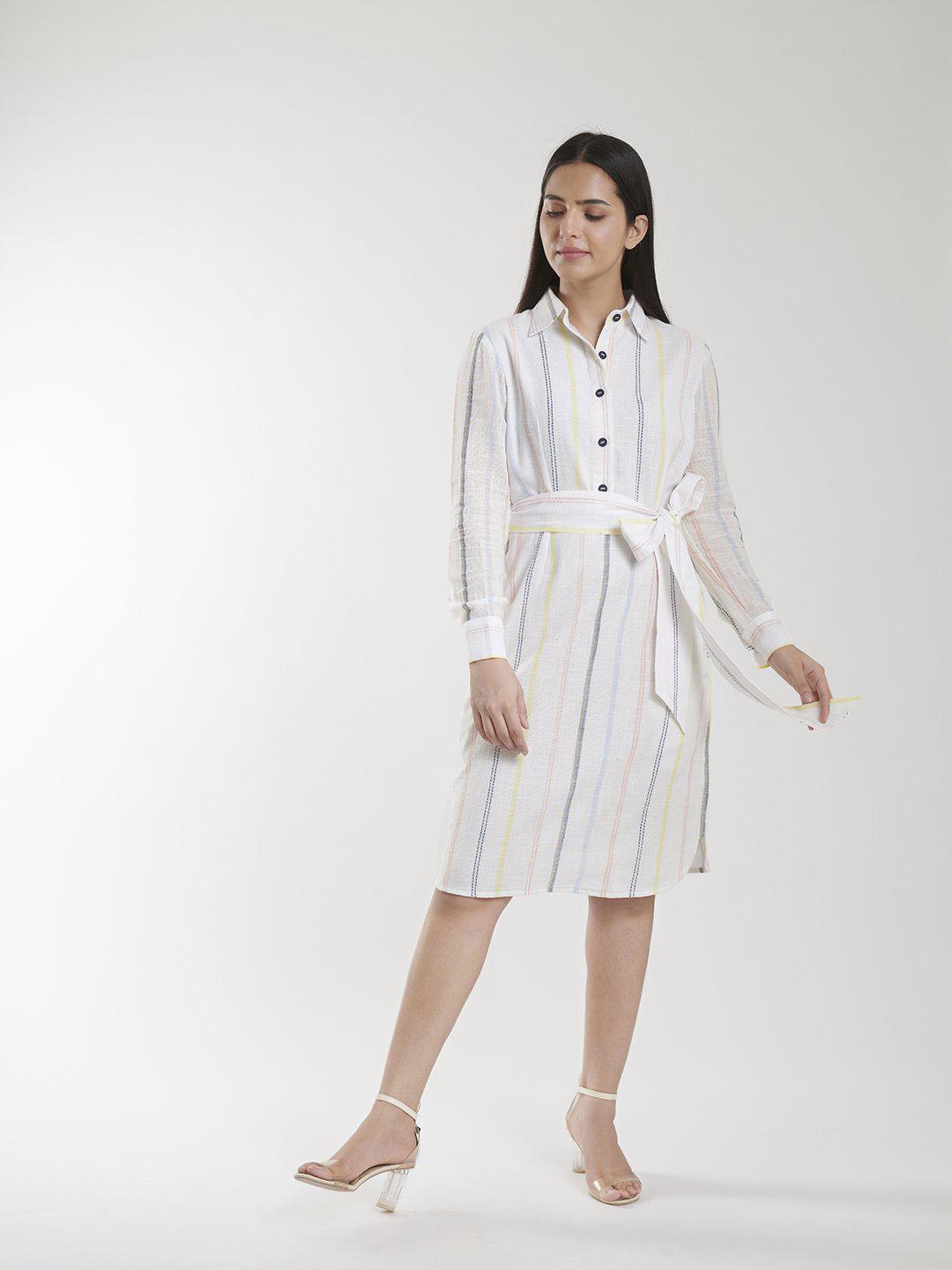 

PowerSutra Women White & Yellow Striped Cuffed Sleeves Shirt Dress