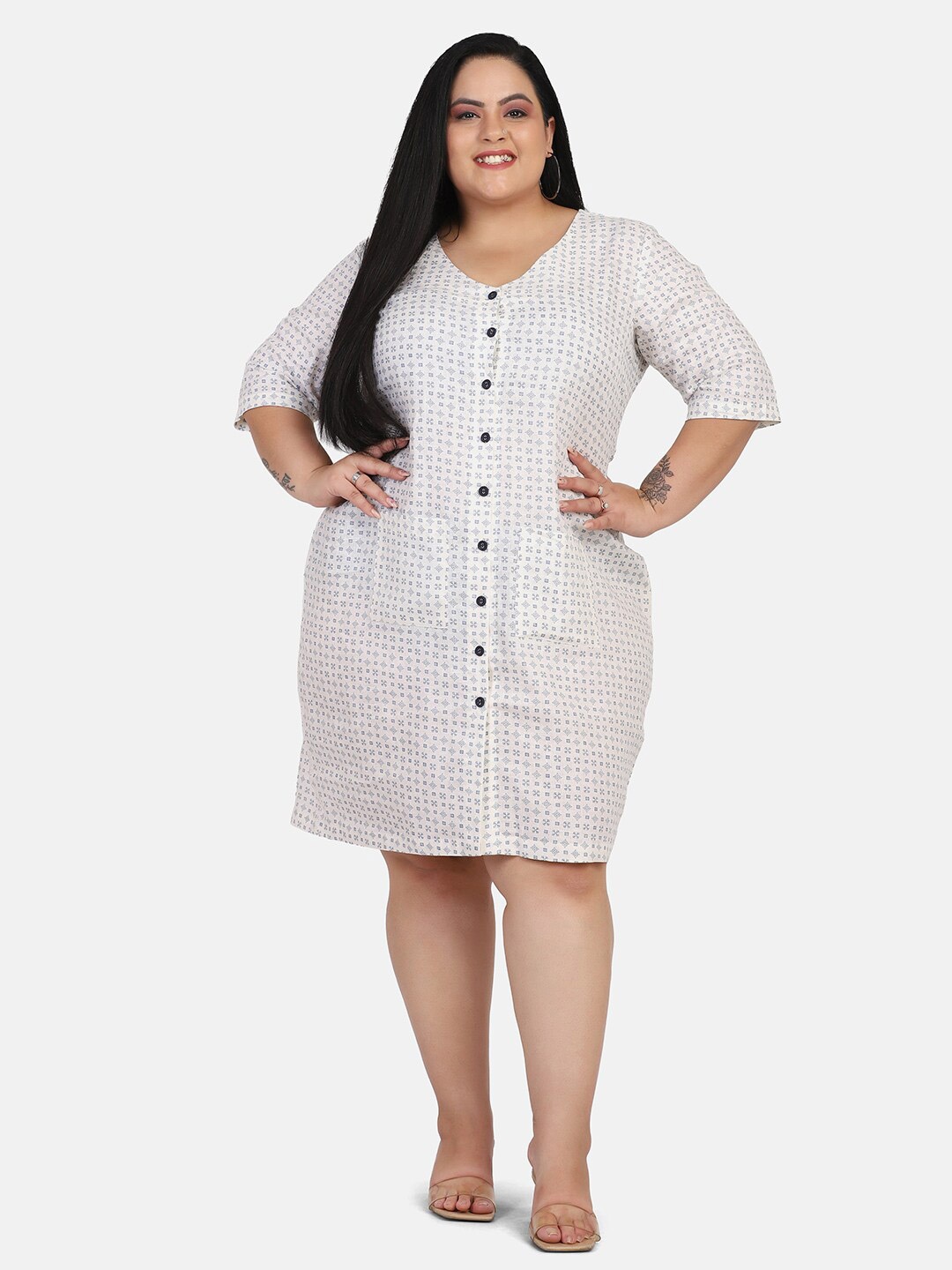 

PowerSutra Plus Size Off White Linen A-Line Dress