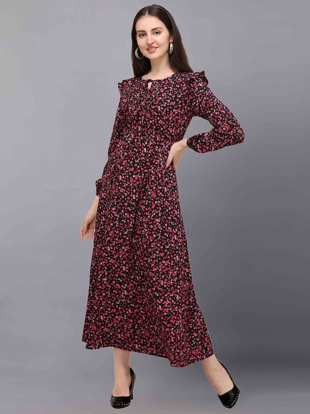 

Fashfun Black & Red Floral Tie-Up Neck Crepe Maxi Dress