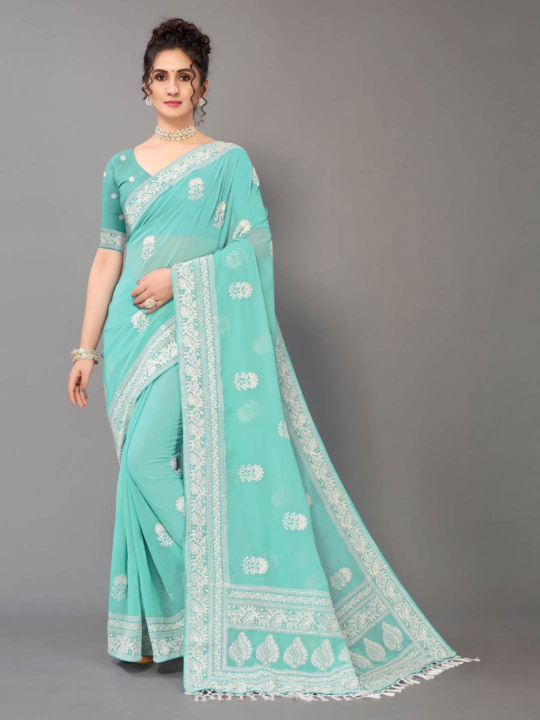 

HRITIKA Turquoise Blue & White Floral Chikankari Pure Georgette Saree
