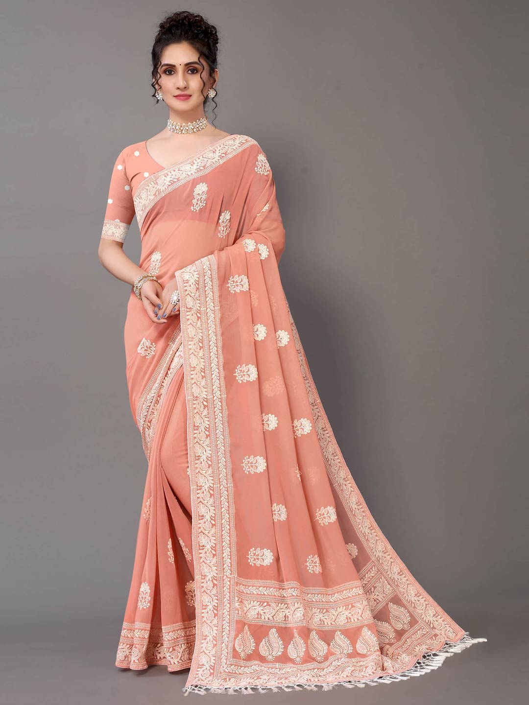 

HRITIKA Peach-Coloured & White Floral Chikankari Pure Georgette Saree