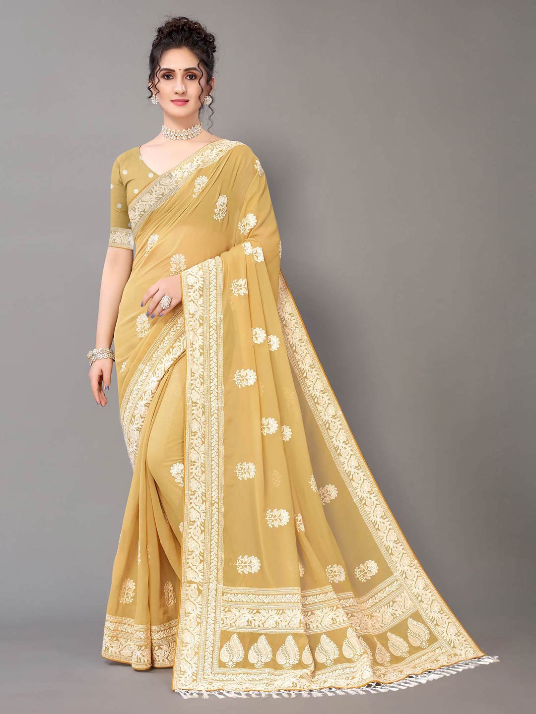 

HRITIKA Mustard & White Floral Chikankari Pure Georgette Saree