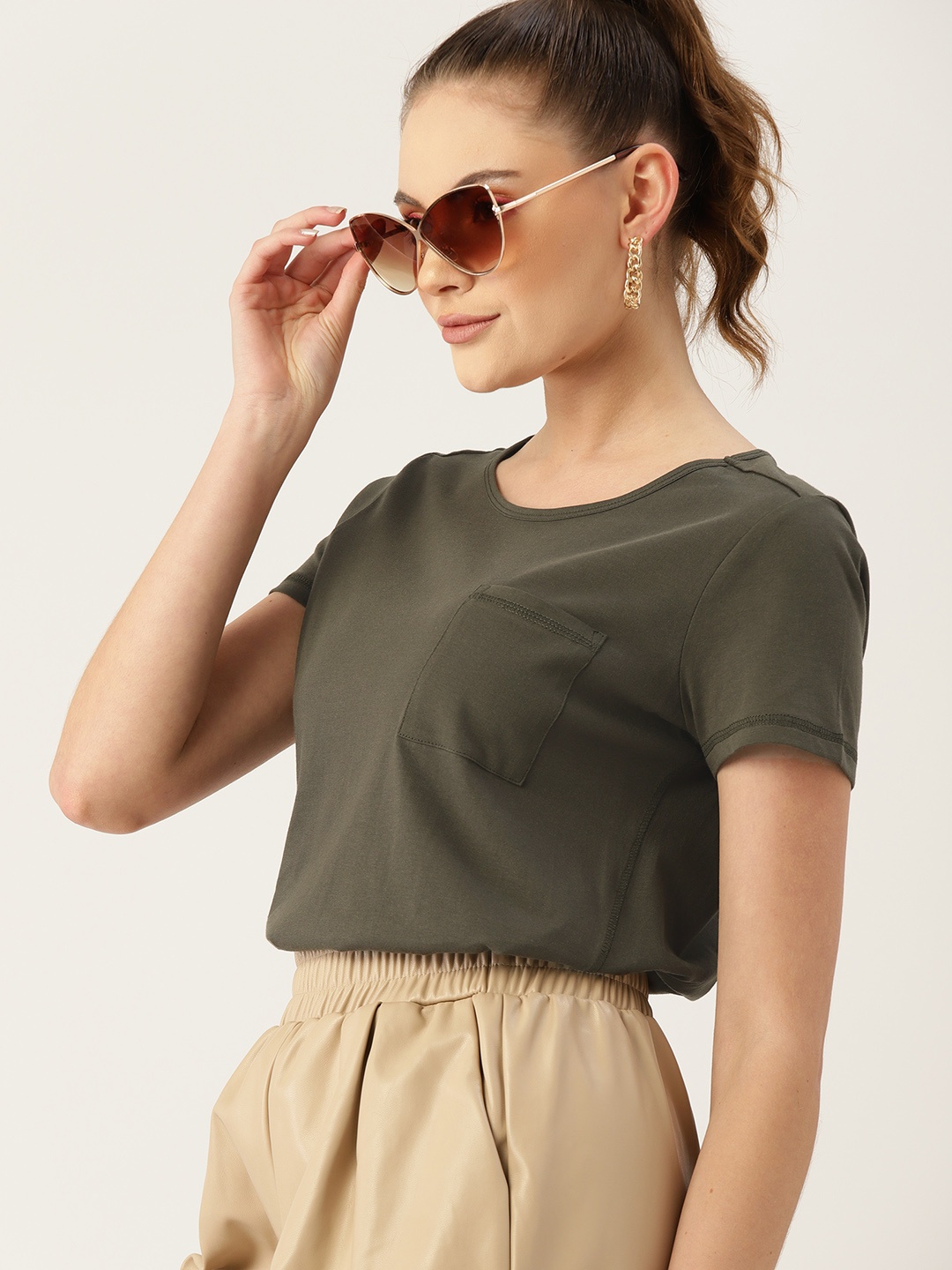 

DressBerry Women Olive Green Solid Cotton T-shirt