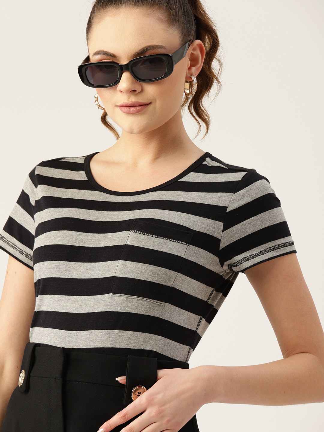 

DressBerry Women Black & Grey Melange Striped Cotton T-shirt