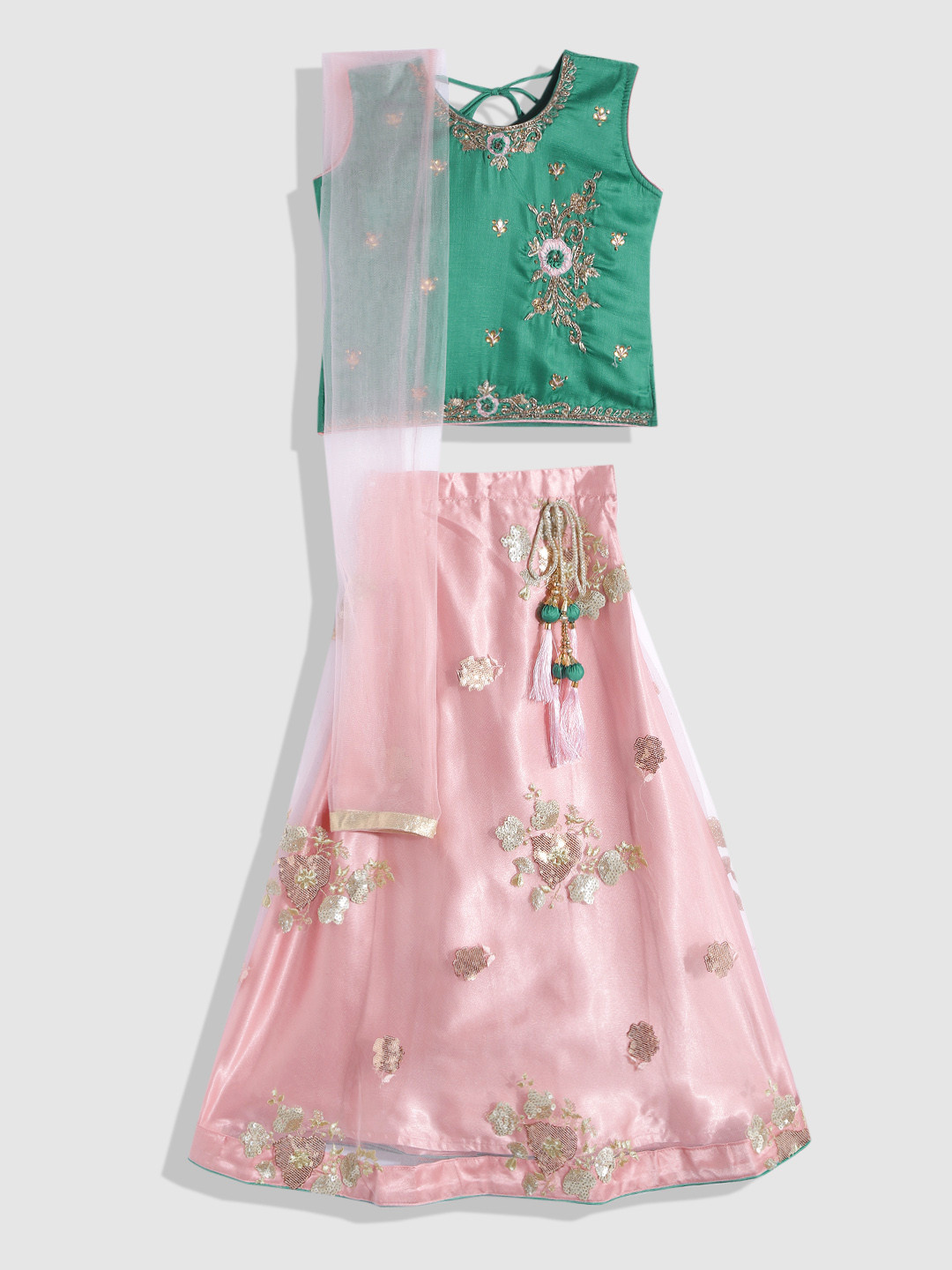

YK Girls Green & Pink Embellished Beads and Stones Ready to Wear Lehenga & Blouse With Dupatta
