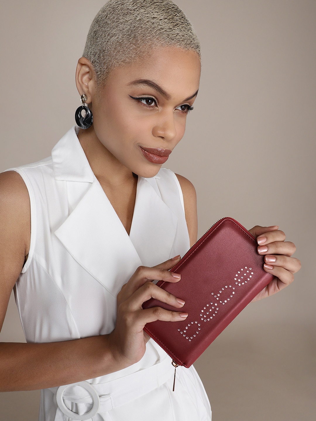 

bebe Women Brand Logo Embellished Zip Around Wallet, Maroon