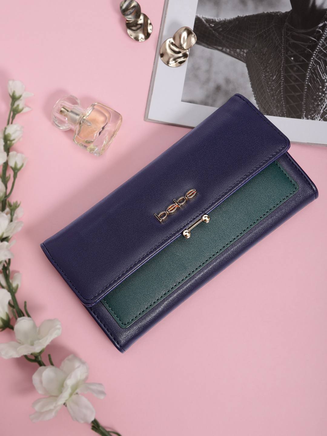 

bebe Women Colourblocked Three Fold Wallet, Blue
