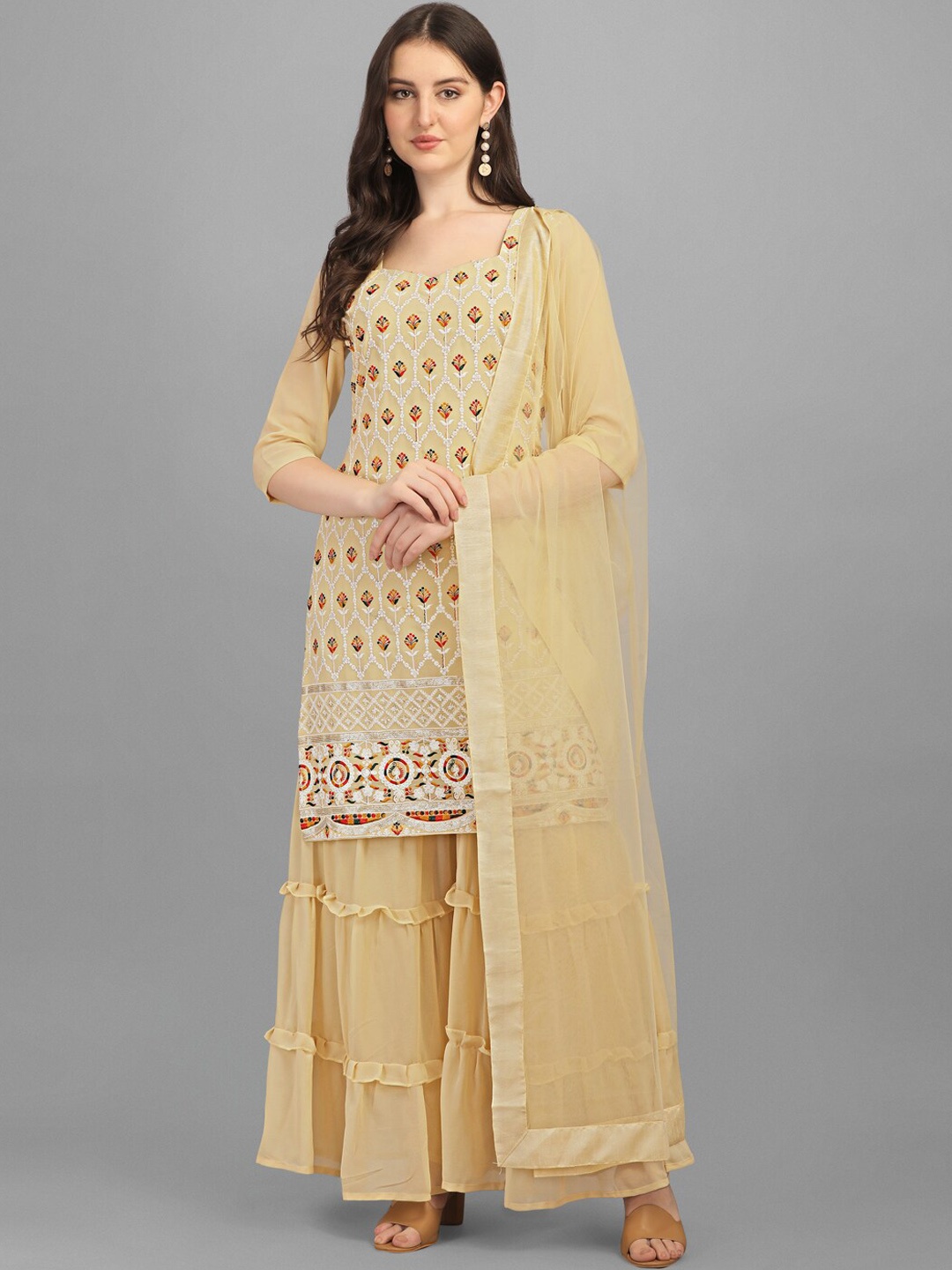 

JATRIQQ Women Cream Embroidered Silk Georgette Kurta with Sharara & Dupatta