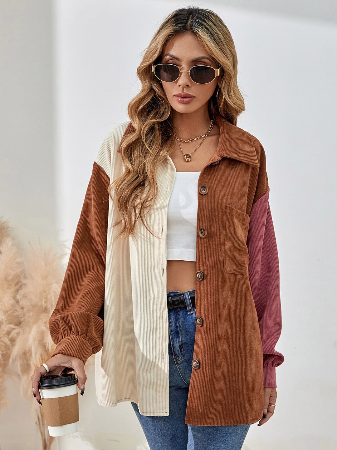 

BoStreet Women Brown Longline Tailored Jacket with Patchwork