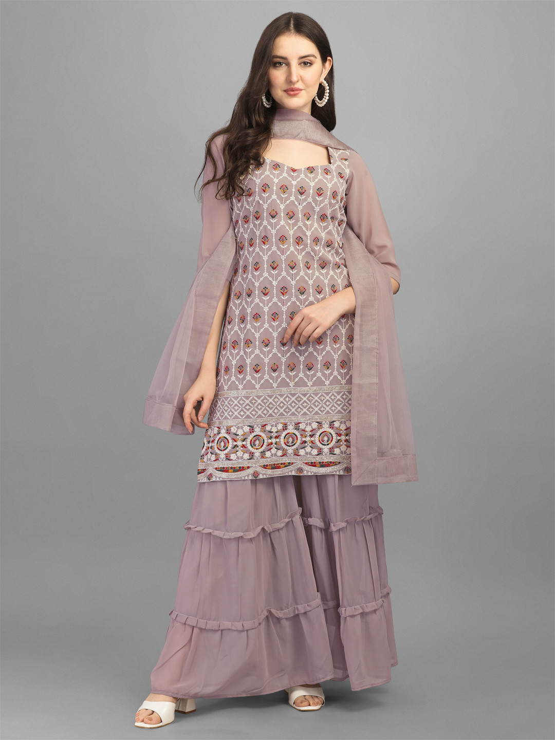 

JATRIQQ Women Beige Ethnic Motifs Embroidered Thread Work Silk Georgette Kurti with Sharara & With Dupatta