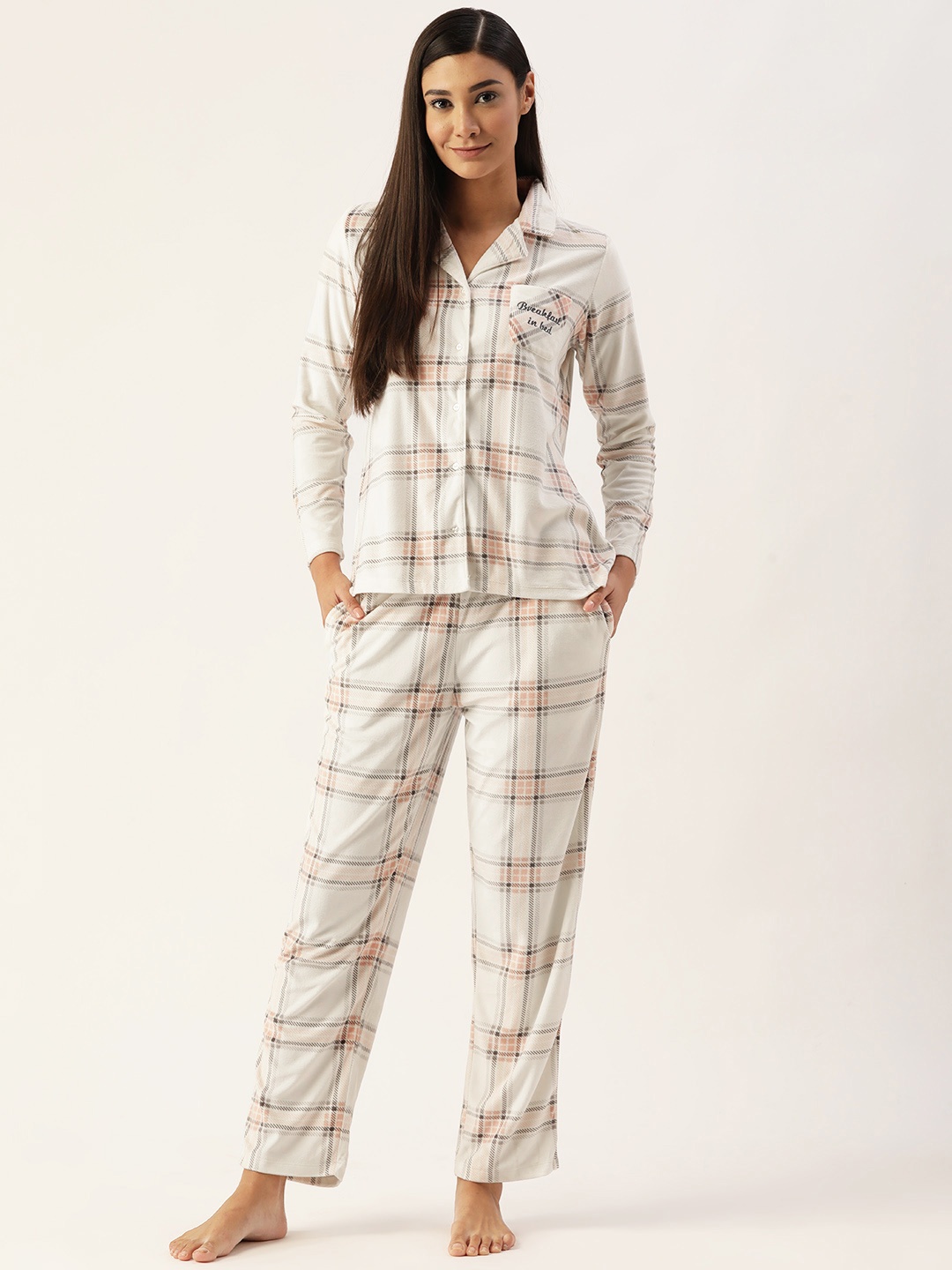

MADAME M SECRET Women Off White Checked Pyjama Set