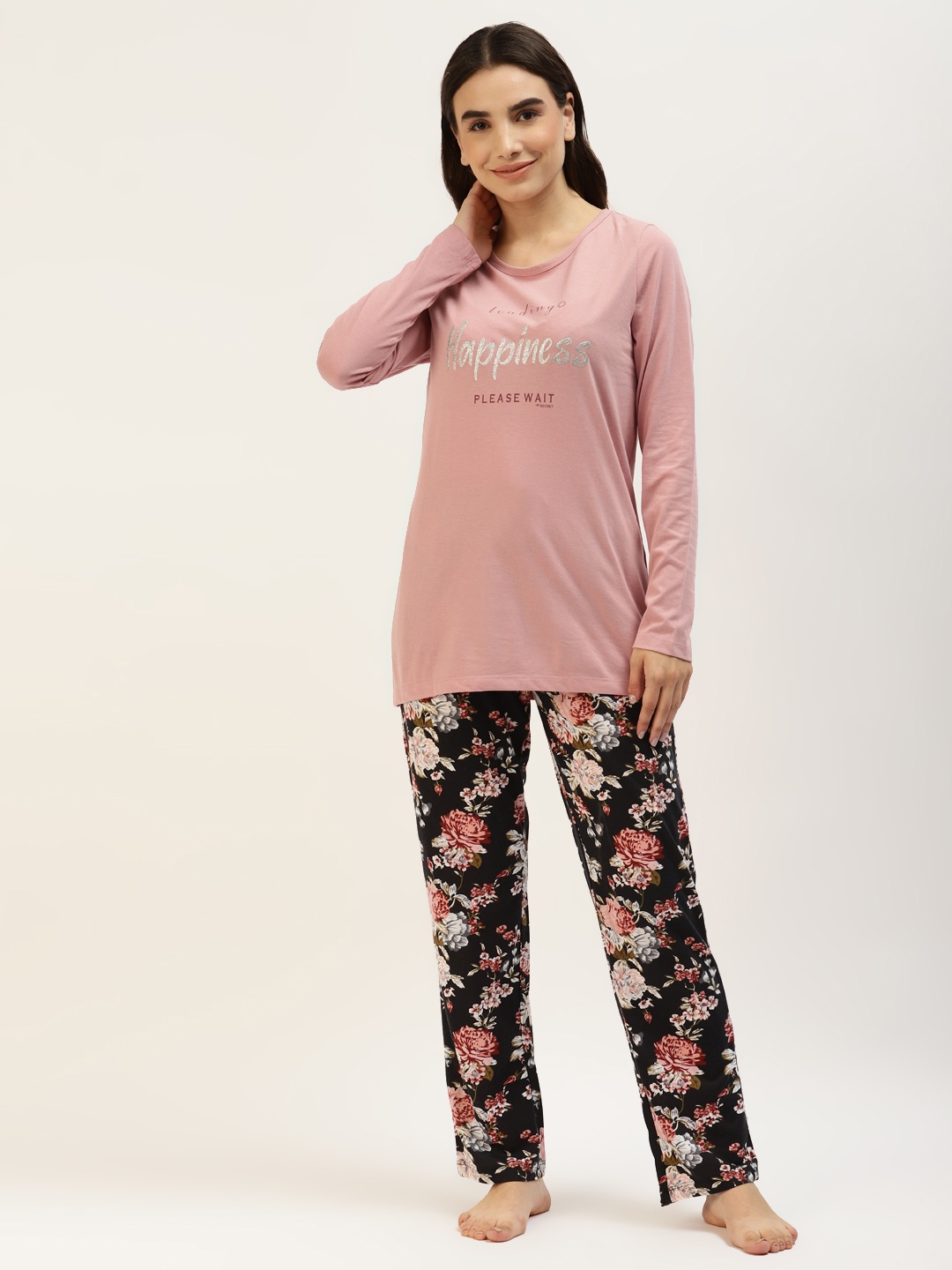 

MADAME M SECRET Women Dusty Pink & Black Printed Night suit, Rose
