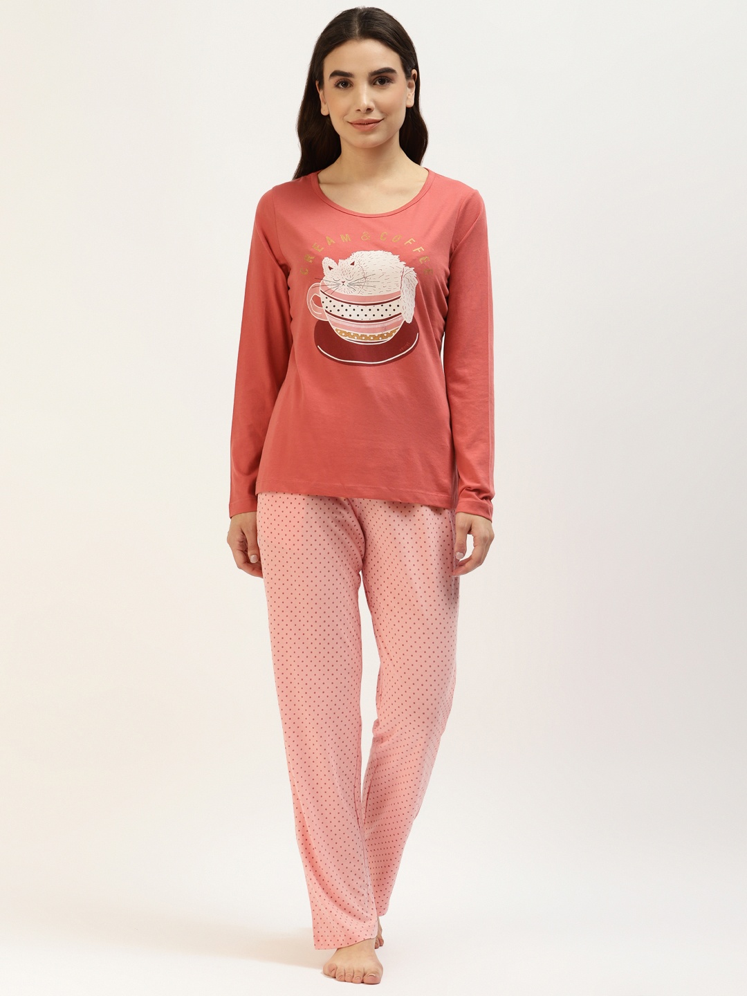 

MADAME M SECRET Women Rust Red & Pink Printed Pyjama Set