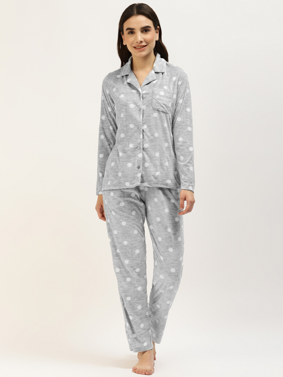 

MADAME M SECRET Women Grey & White Polka Dot Printed Night suit