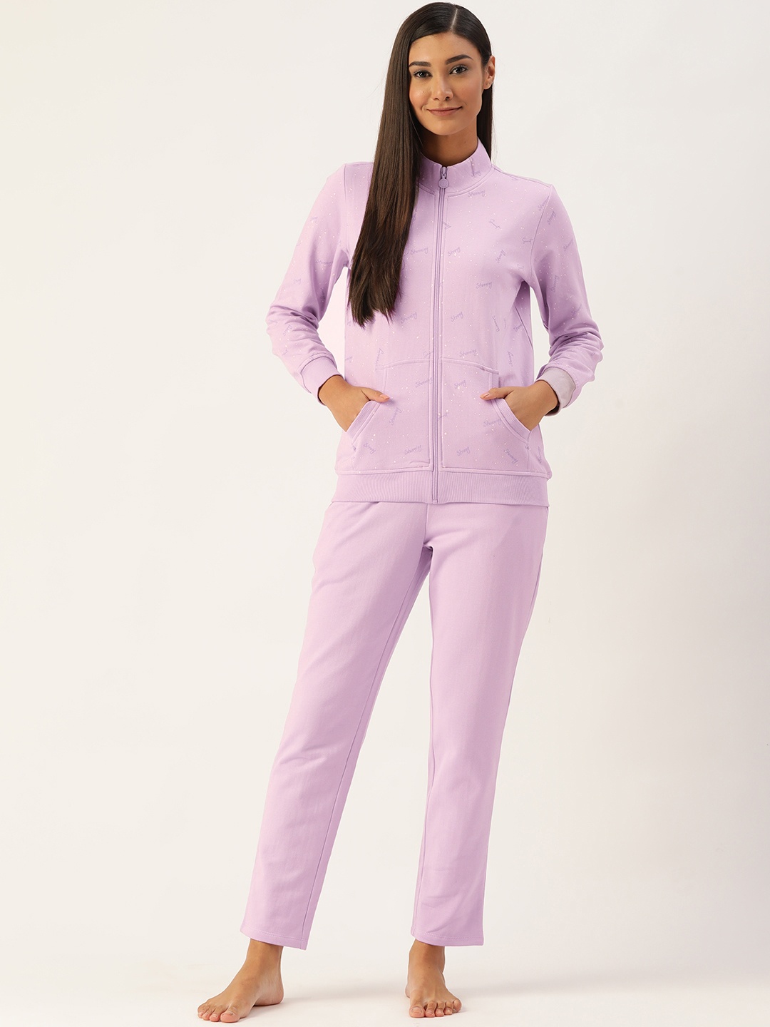 

MADAME M SECRET Women Lavender & White Printed Night suit