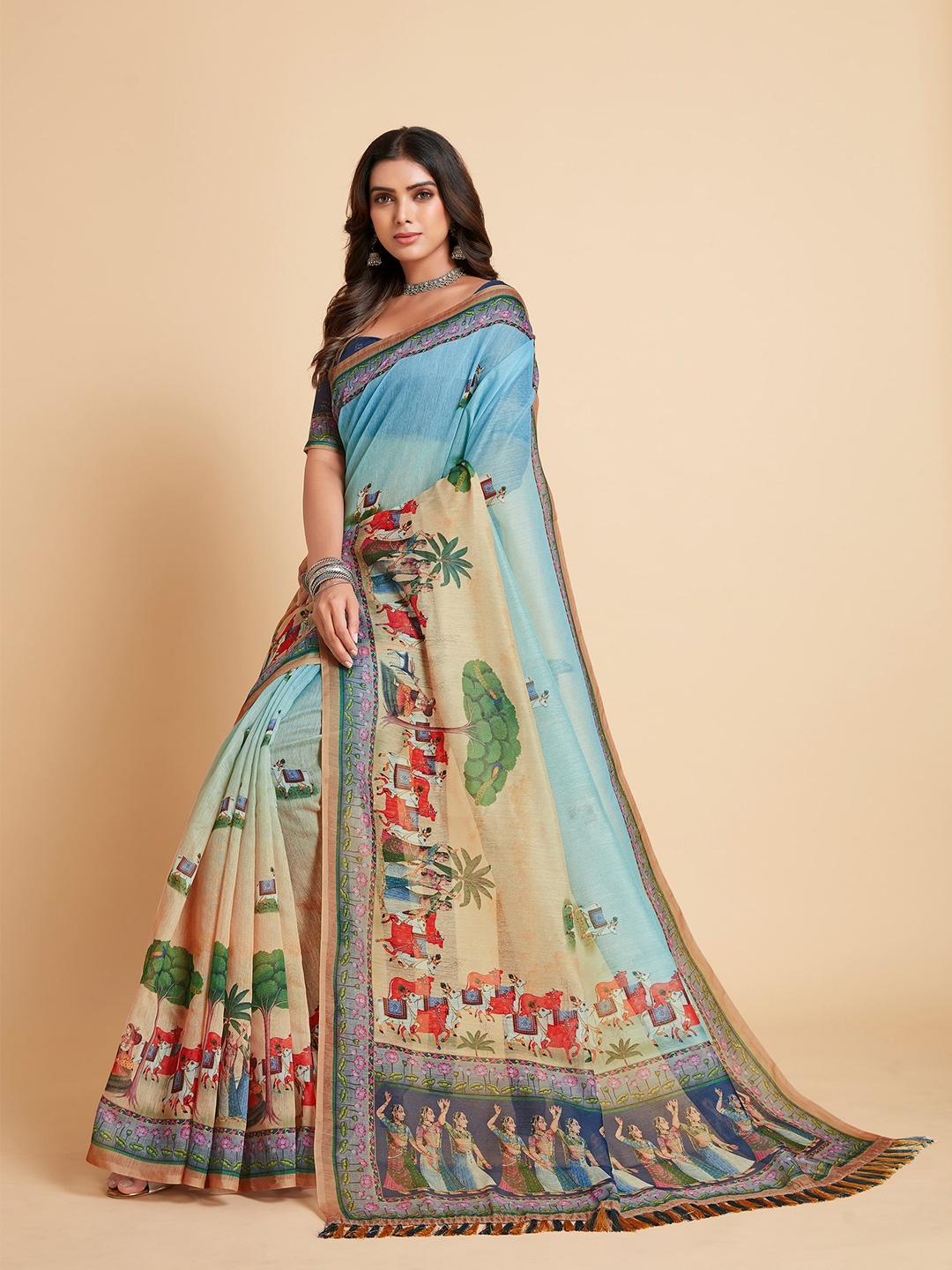 

Sangria Women Turquoise Blue & Orange Floral Saree