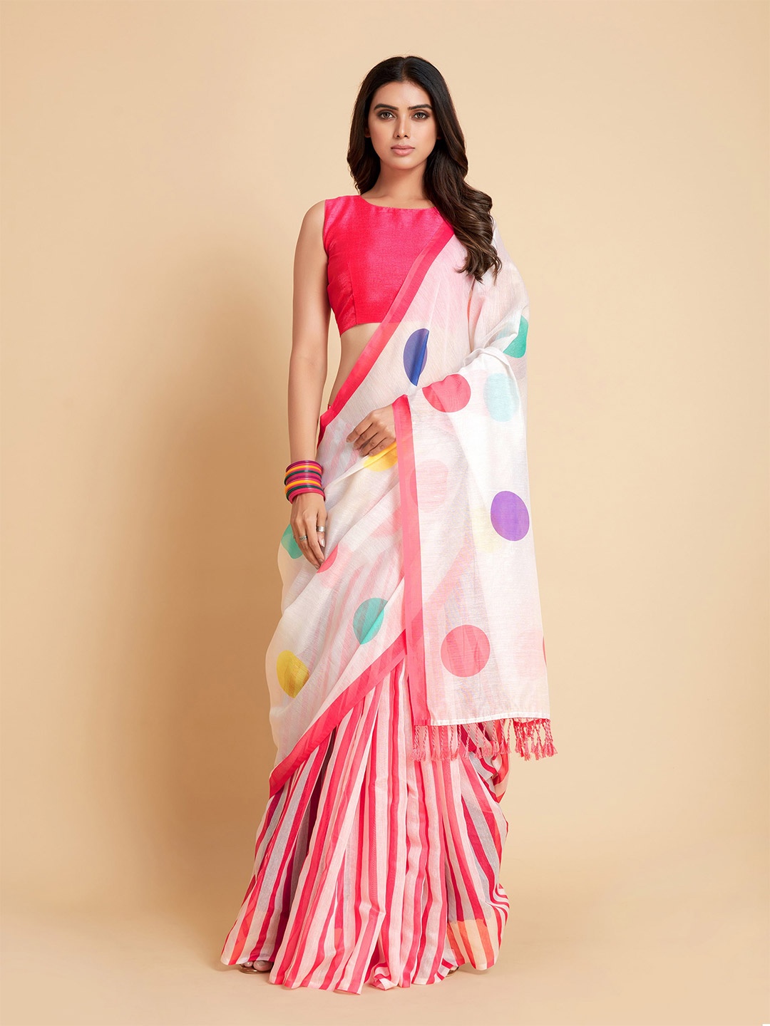 

Sangria White & Pink Polka Dotted Saree