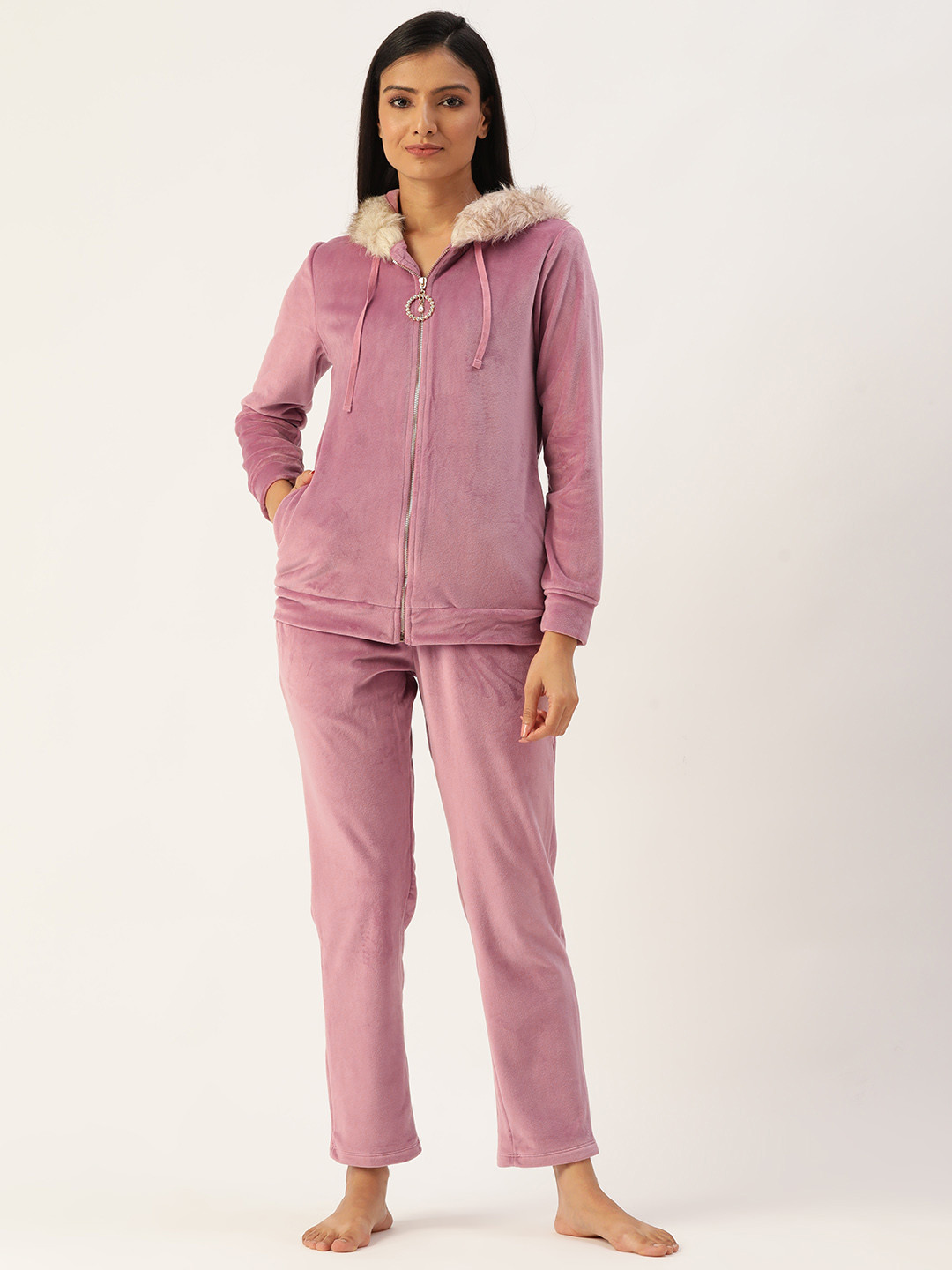 

MADAME M SECRET Women Mauve Fleece Hooded Pyjama Set