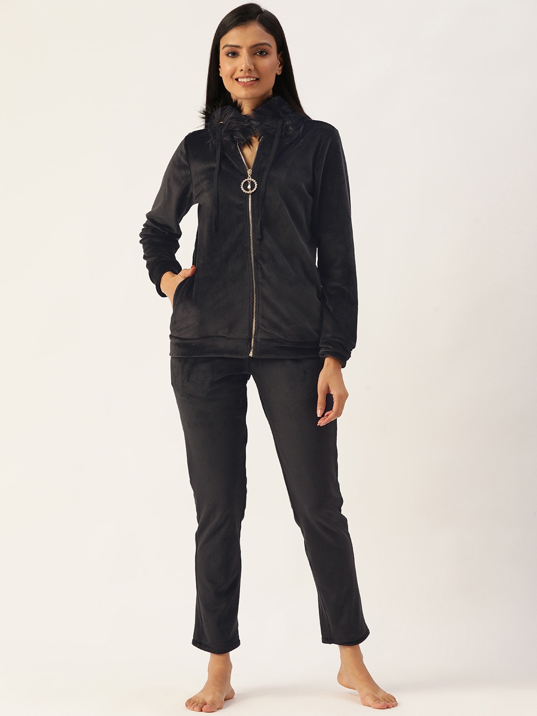 

MADAME M SECRET Women Black Velvet Finish Hooded Pyjama Set