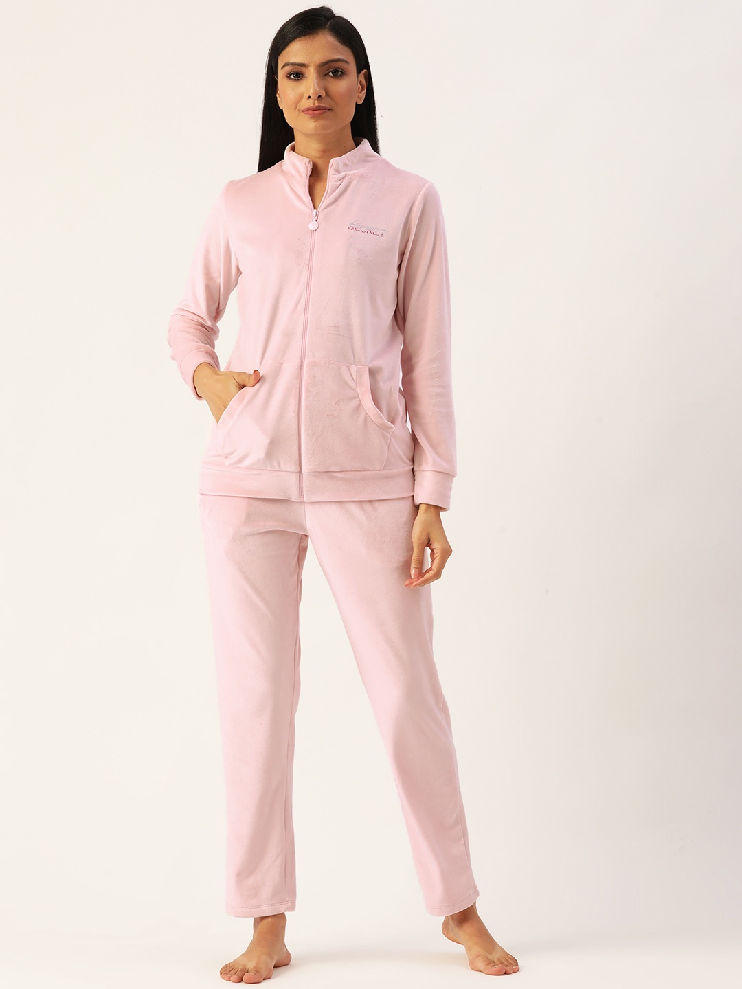 

MADAME M SECRET Women Pink Velvet Finish Solid Pyjama Set