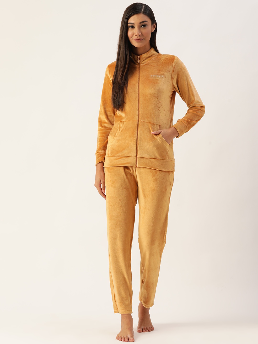 

MADAME M SECRET Women Mustard Yellow Velvet Finish Solid Pyjama Set
