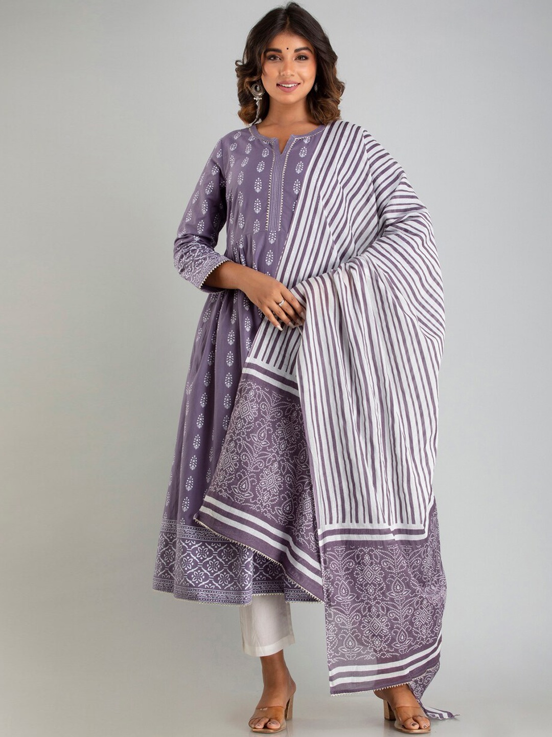 

Sutidora Women Purple Ethnic Motifs Panelled Pure Cotton Kurti with Trousers & With Dupatta
