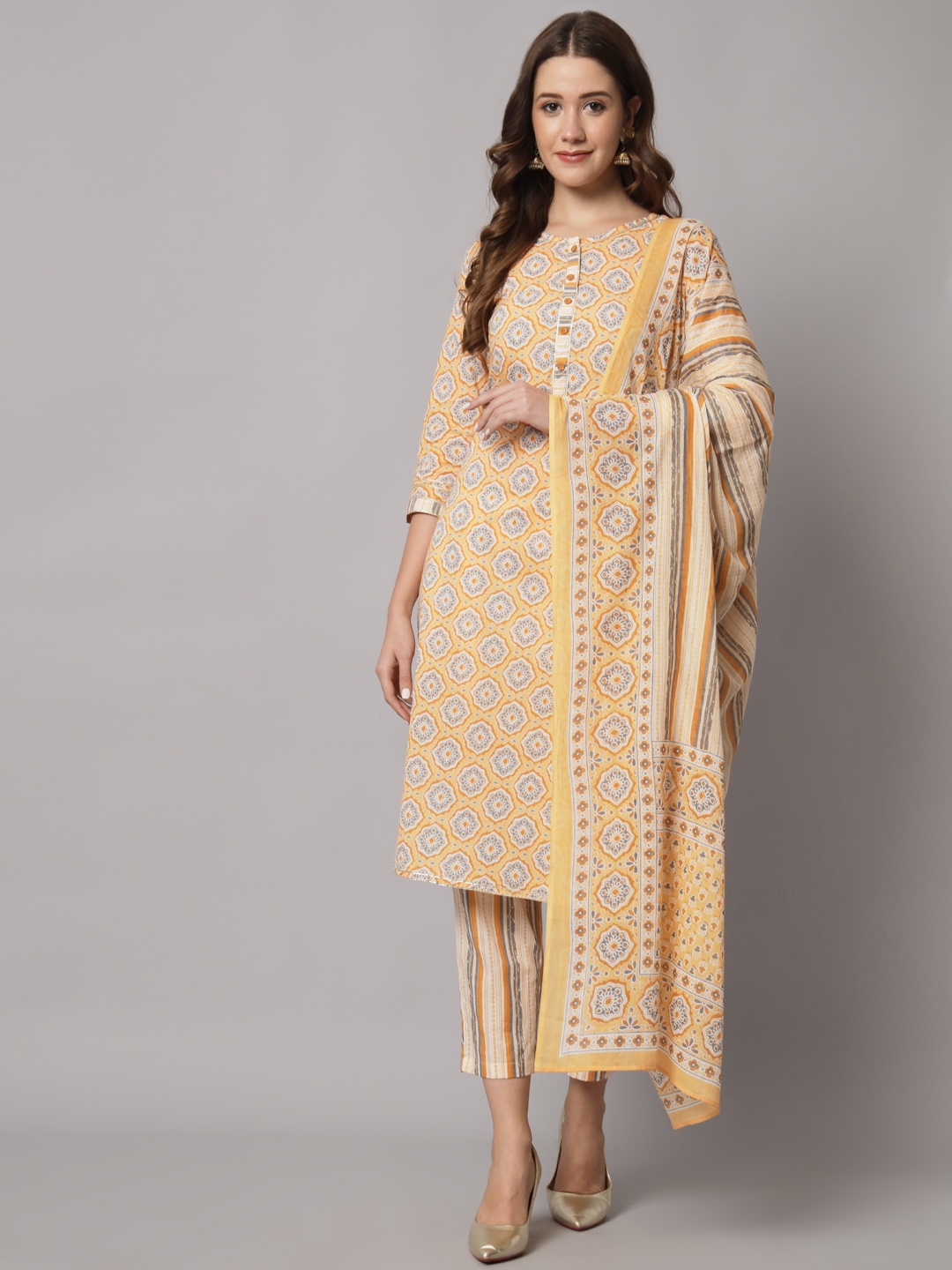 

Sutidora Women Yellow Ethnic Motifs Panelled Pure Cotton Kurti with Trousers & With Dupatta