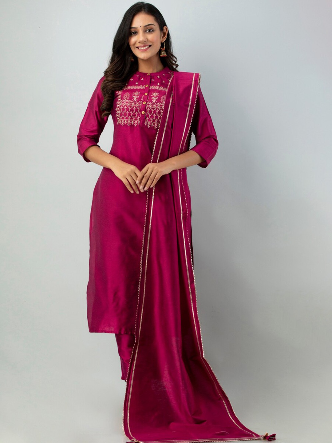 

Sutidora Women Pink Ethnic Motifs Yoke Design Kurta with Trousers & With Dupatta