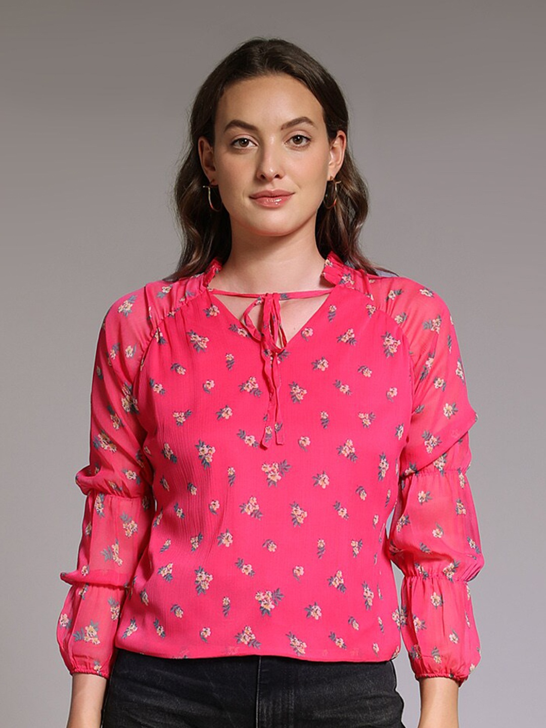 

PEACH & PANDA Pink Floral Print Mandarin Collar Georgette Top