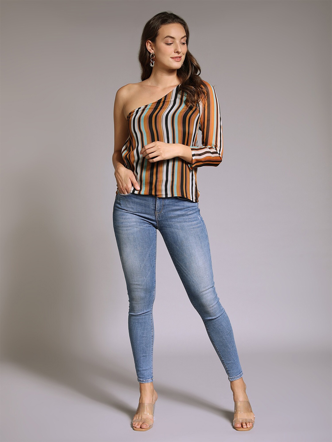 

PEACH & PANDA Brown & Black Striped One Shoulder Georgette Top