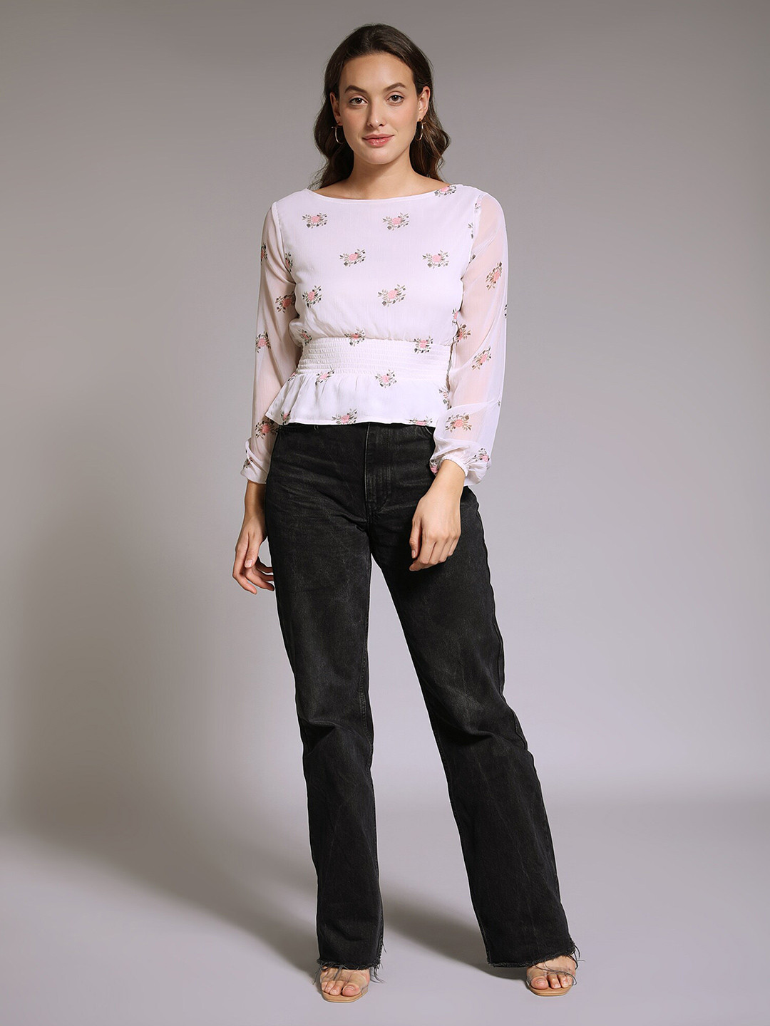 

PEACH & PANDA Off White Floral Print Chiffon Top